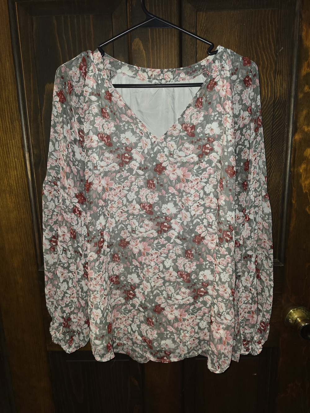 Floral V-Neck Long Sleeve Blouse - Pink & Gray